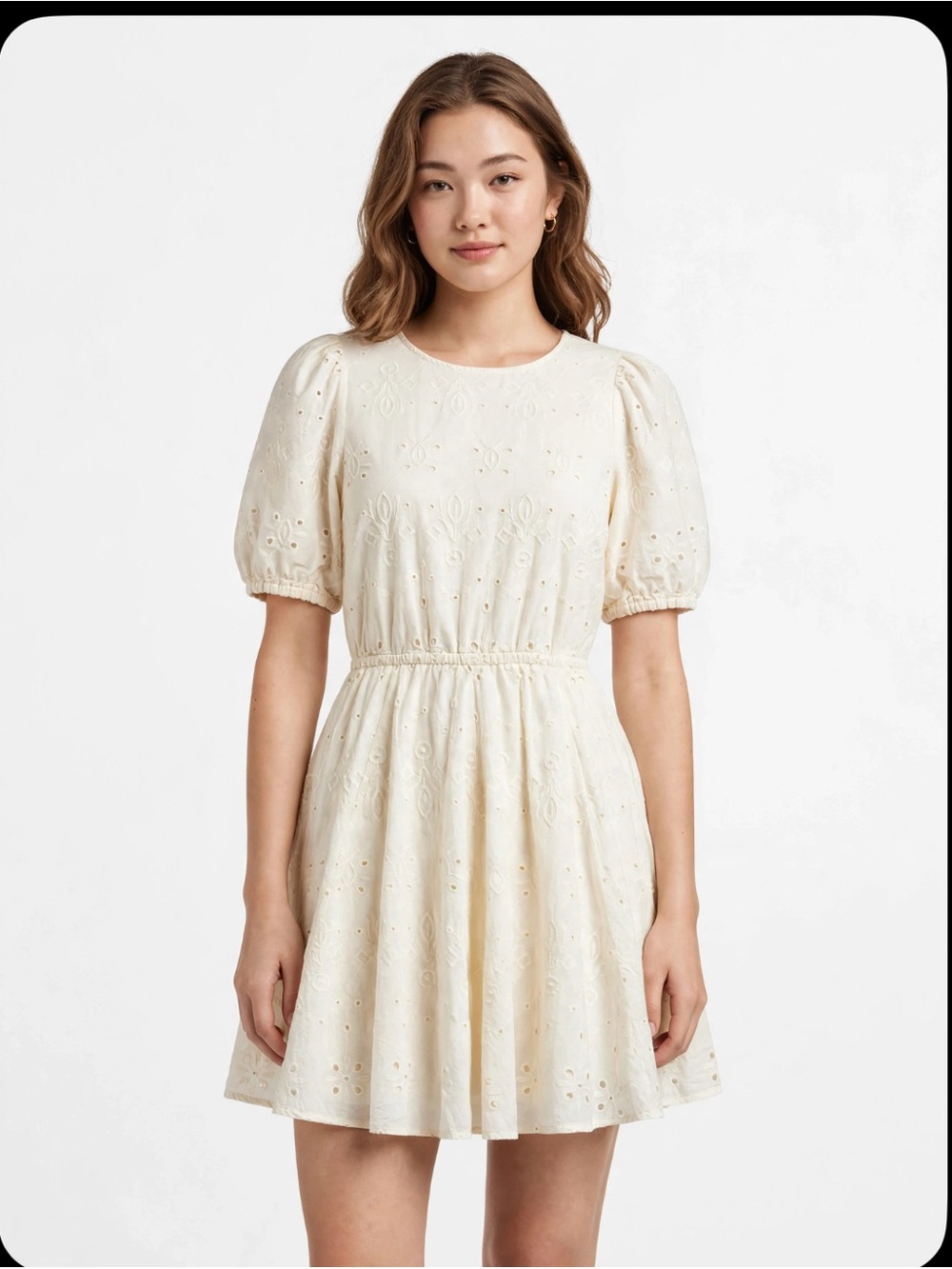 BLACK TAPE Eyelet Mini Dress Cream Puff Sleeve Back Tie S/P
